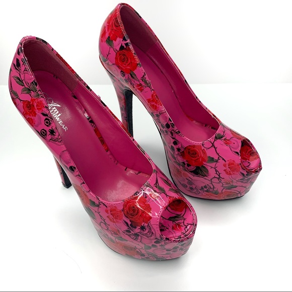 Ami Clubwear Skull & Roses Hot Pink Platform Heels - Picture 8 of 8